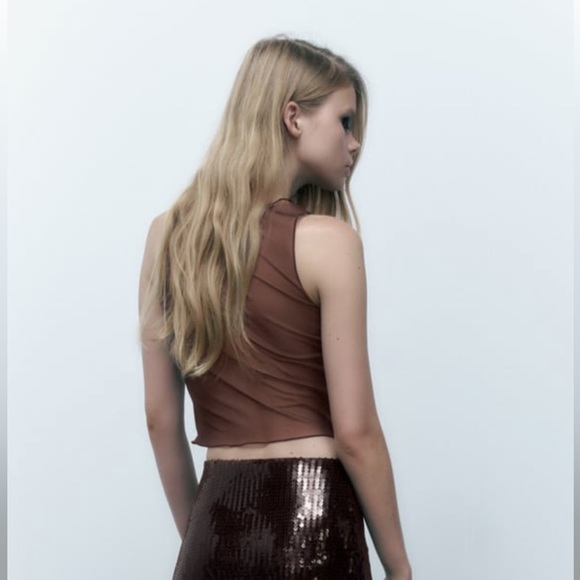 Zara Brown Sequin Tulle crop top NWT - Picture 6 of 13